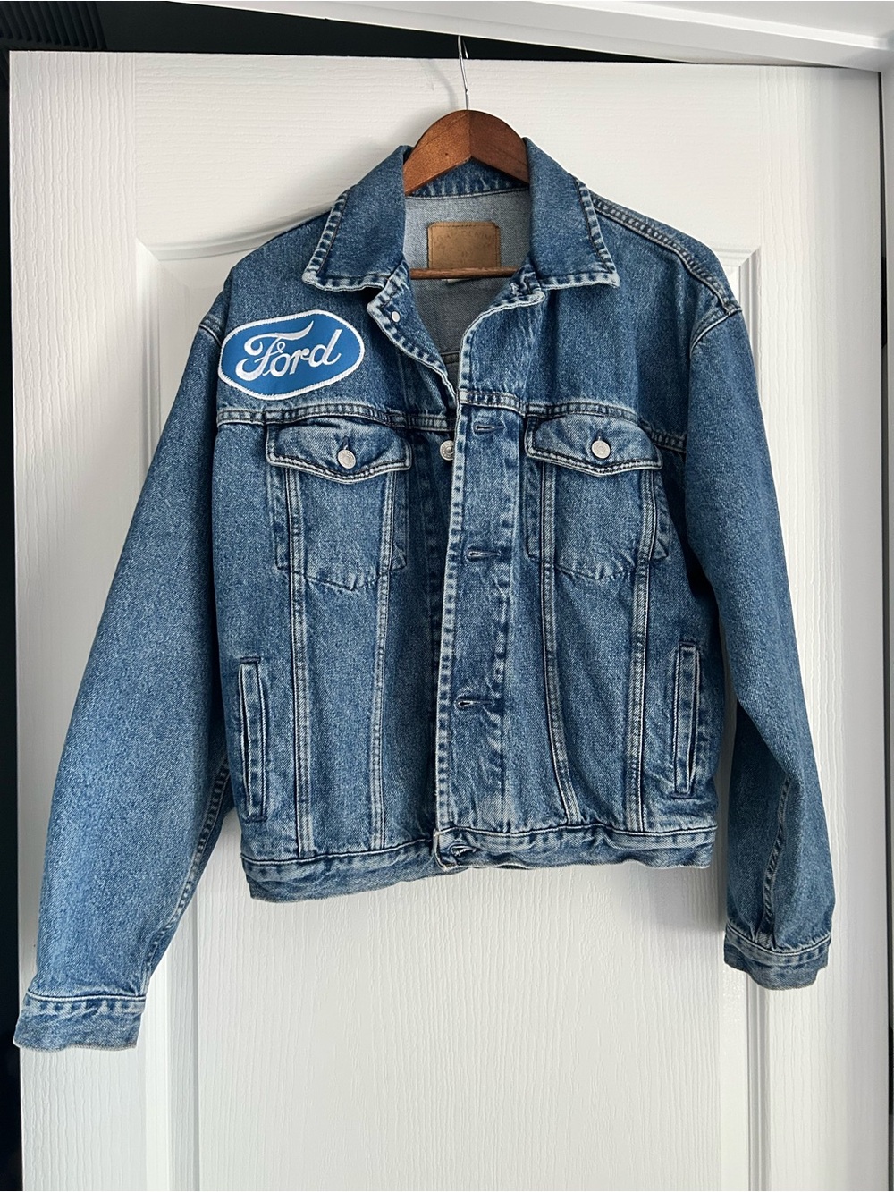 GAP Light Blue Denim Jacket with Tan Leather Patch